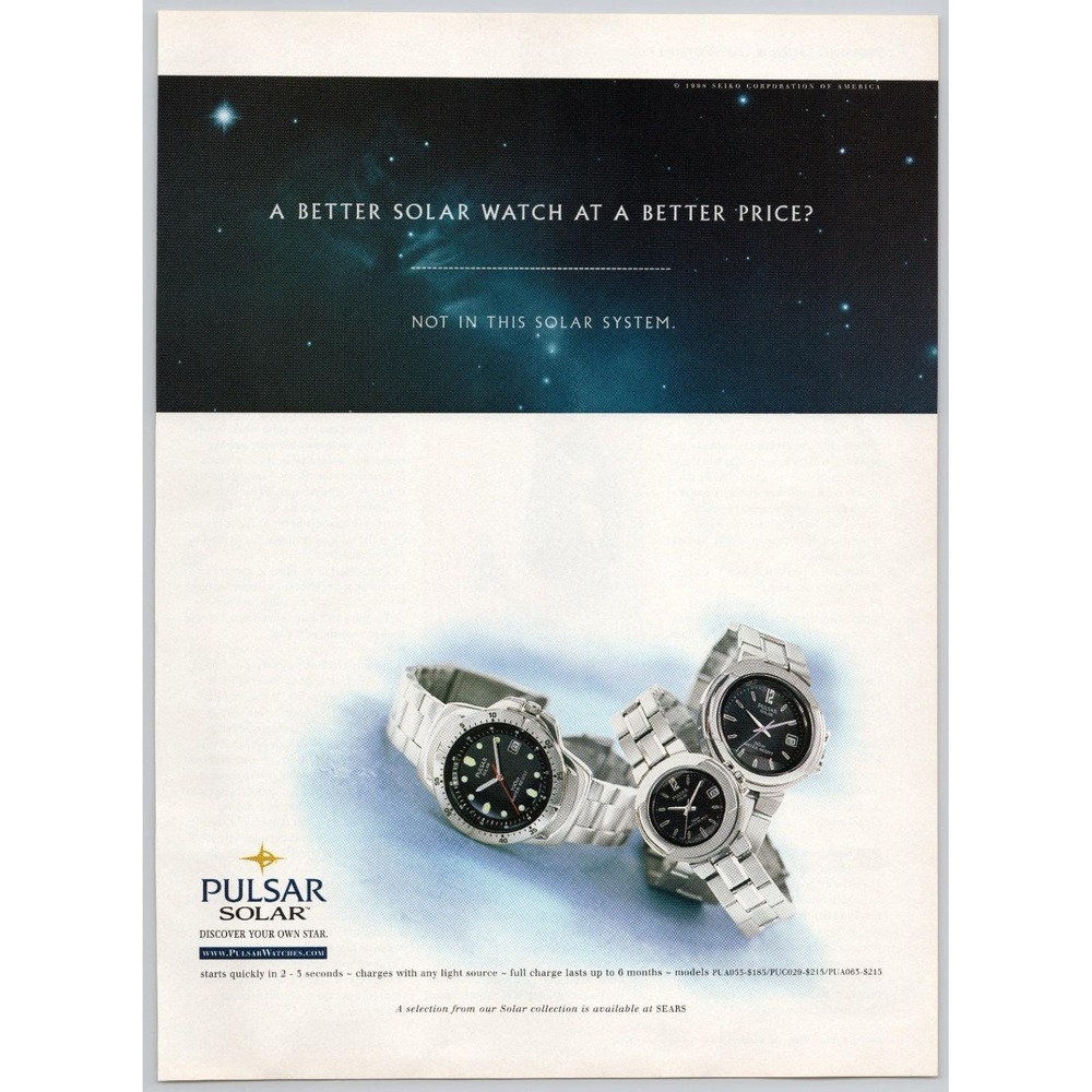 Pulsar‎ Solar Watch Space Theme Solar Powered Charge Vintage Print Ad 1998